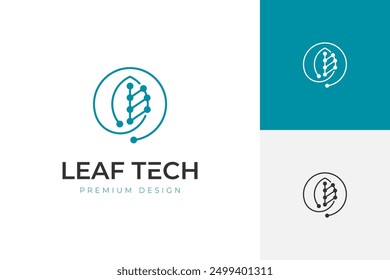 Diseño verde del icono del logotipo de la tecnología con el símbolo gráfico de la hoja y de la tecnología de datos digitales. Ilustración del logotipo del Vector