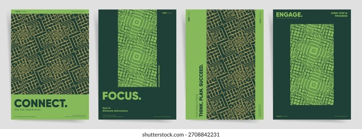 Conjunto de cartazes de linha de labirinto de tecnologia verde. Planos de fundo padrão de grade de circuito abstrato para tampa de conexão empresarial de TI moderna, folheto, brochura e design de banner.