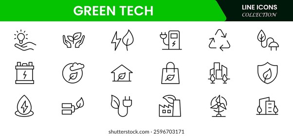 Green Tech Sustainability vector icons for sustainability, solar, wind, clean power, green tech, net-zero, and eco solutions
