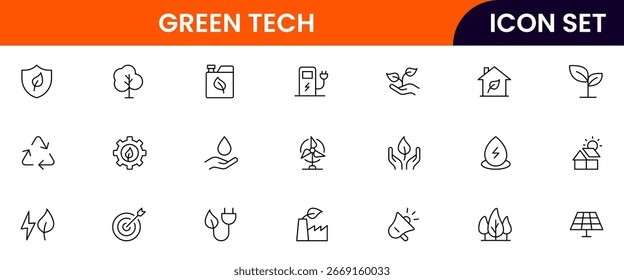 Green tech vector line icons featuring solar panels, wind turbines, eco devices, energy efficiency, sustainability, innovation, recycling, and clean technology solutions.