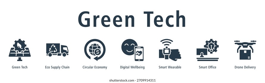 Concepto de Ilustración vectorial de ícono de Anuncio de Web de tecnología verde con ícono de tecnología verde, cadena de suministro ecológica, economía circular, bienestar digital, vestible inteligente, oficina inteligente y entrega de drones.