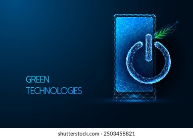 Concepto abstracto de tecnologías verdes con teléfono inteligente con Botón de energía y hoja verde sobre fondo azul oscuro. Avance e innovación digital sostenible. Ilustración vectorial poligonal baja brillante