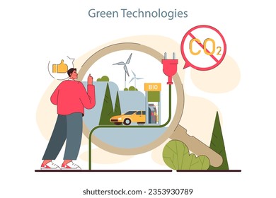Green technologies. Environment protection and reduction of carbon footprint. Global strategy to reduce CO2 emissions. Pollution free and carbon neutral living goal. Flat vector illustration