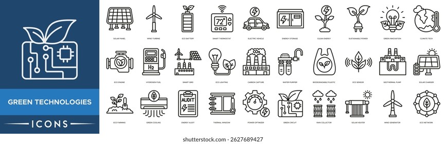 Green Technologies Icon set. Solar Panel, Wind Turbine, Eco Battery, Smart Thermostat, Electric Vehicle, Energy Storage, Clean Energy and Sustainable Power