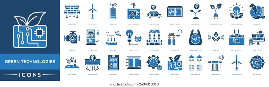 Green Technologies Icon set. Solar Panel, Wind Turbine, Eco Battery, Smart Thermostat, Electric Vehicle, Energy Storage, Clean Energy and Sustainable Power
