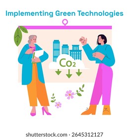 Implementação de tecnologias verdes. Conversa focada na redução das emissões de dióxido de carbono em ambientes urbanos. Profissionais discutem práticas sustentáveis de melhoria ambiental. Vetor