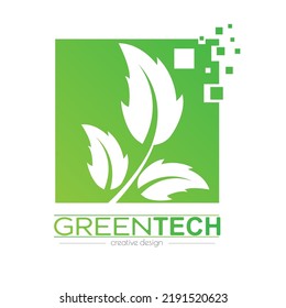 Grüne Technologien. Ein grünes Blatt auf einem Quadrat. Vorlage für ein Logo, Aufkleber, Emblem oder Etikett. Symbol für Websites und Anwendungen. Flachstil