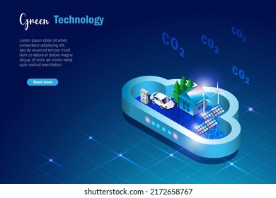 Green technology. alternative consumption energy house and EV car in cloud sandbox technology  to reduce carbon emissions. For sustainable positive ecology and environment. 