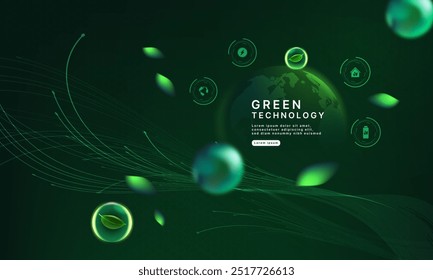 Green technology background with glowing eco icons, digital earth map and dynamic light lines for sustainable energy and environmental innovation.