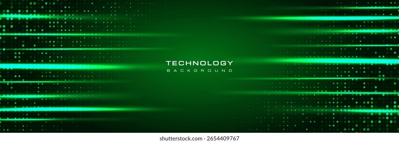 Green technology background with glowing horizontal light streaks and dotted halftone pattern. Modern futuristic digital design, ideal for tech, sci-fi, or innovation themes.