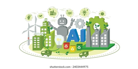 Green technology concept. Artificial Intelligence, AI and robot help in sustainable development and eco friendly system. Environmental technology with icons. Vector illustration for web banner.