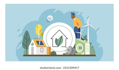Green technology concept. House with solar panel, wind turbine, electric plug, and a person emphasizing sustainability. Ideal for renewable energy, eco-friendly living, sustainable homes, green