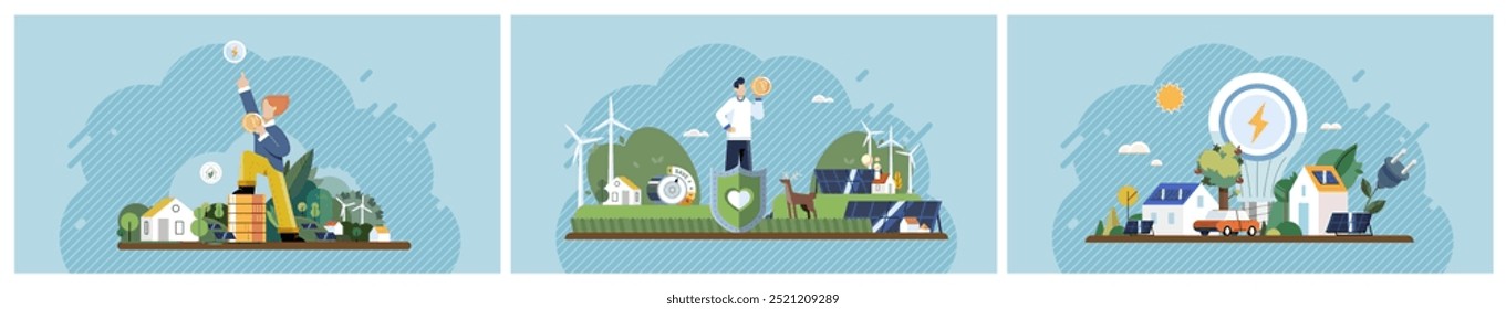 Conceito de tecnologia verde. Pessoas interagindo com fontes de energia renovável, turbinas eólicas, painéis solares, casas ecológicas e investimentos ecológicos. Ideal para sustentabilidade e eficiência no consumo de energia