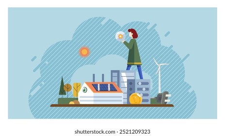 Green technology concept. A person explores renewable energy with solar panels, wind turbines, trees, and buildings, symbolizing sustainable living and environmental awareness. Ideal for eco-friendly