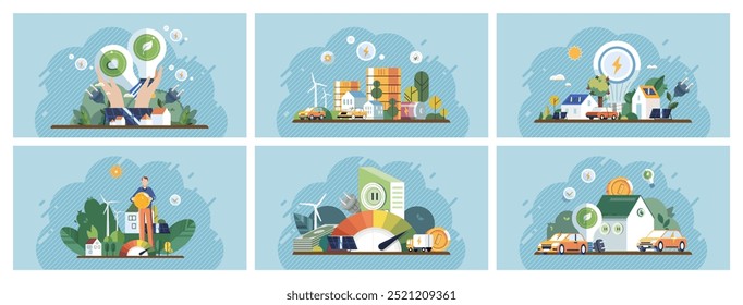 Conceito de tecnologia verde. Cenas com turbinas eólicas, painéis solares, veículos elétricos e edifícios ecológicos. Ideal para energia renovável, vida sustentável, cidades inteligentes, ambiente