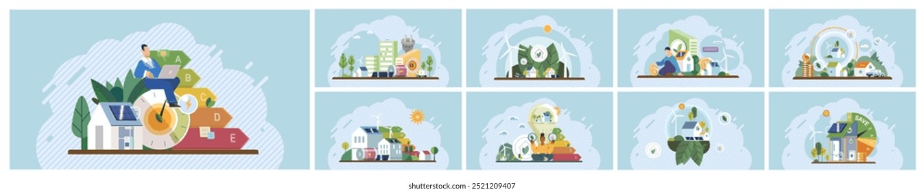 Green technology concept. A set of digital images highlighting elements like solar panels, recycling, smart homes, electric vehicles, and sustainable agriculture. Ideal for environmental