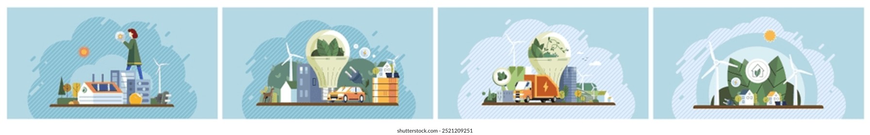 Conceito de tecnologia verde. Um conjunto de cenas com práticas sustentáveis, incluindo usinas de energia, estações de combustível alternativas, casas de energia verde e paisagens urbanas ecologicamente corretas. Ideal para