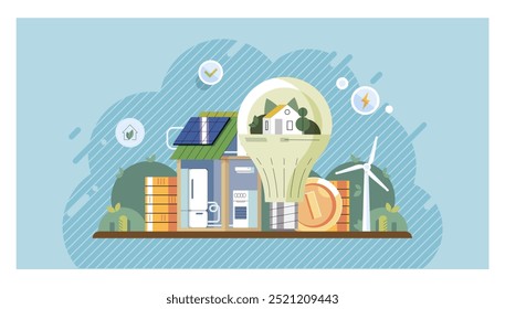 Green technology concept. Solar panels, wind turbines, batteries, light bulbs and energy-efficient appliances surrounded by plants and a light bulb symbolizing a house. Ideal for sustainability
