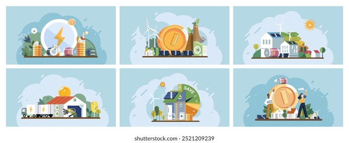 Green technology concept. Various scenes with renewable energy sources, sustainable buildings, electric transportation, and eco-friendly practices. Ideal for clean energy, sustainability, urban