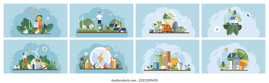 Green technology concept. Various scenes highlighting sustainable living, renewable energy, and eco-friendly innovations. Ideal for renewable energy promotion, sustainable urban development, green