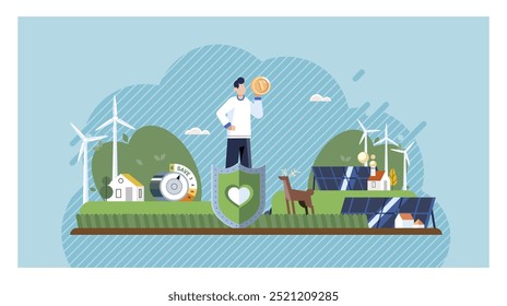 Green technology concept. Wind turbines, solar panels, trees, and a person illustrate sustainable living. Ideal for renewable energy, environmental conservation, eco-friendly living, sustainable