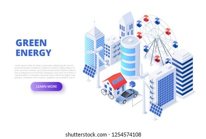 Green technology design concept with solar panels, wind generators and electro car. Isometric vector illustration. Landing page template for web.