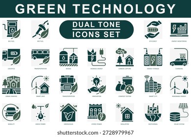 Green Technology Dual Tone icons set. contain bio fuel, biogas, transportation, hydro power, solar system, charging and more. Vector for modern concept, print, UI, UX kit, web and app development.
