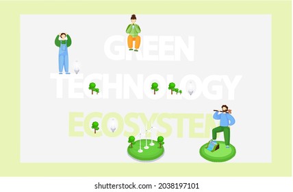 Green technology ecosystem banner. Eco friendly production and processing on planet. Environmentally safe power sources, biofuel production, eco smart system and recycling to preserve environment