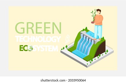 Green technology ecosystem. Hydroelectricity power station for alternative energy concept. Dam with water for electricity producing. Renewable net energy. Power production using industrial development