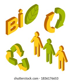 Green technology ecosystem various signs. Arrows in the shape of a triangle and circle green and yellow human silhouette isolated on white. Abstract refresh icon illustration. Eco-friendly concept