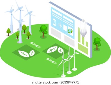 Green technology ecosystem. Wind generator for clean environmentally friendly alternative energy. Wind of turbines for electricity producing. Renewable net energy. Power production industrial novation