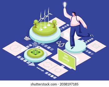 Green technology ecosystem. Wind generator for clean environmentally friendly alternative energy. Wind of turbines for electricity producing. Renewable net energy. Power production industrial novation