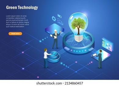 Green Technology. Engineeing Team Growing Tree In Lightbulb With Digital Green Technology In Futuristic Background. Environmental Friendly Business, Innovation Technology For Sustainable Environment.