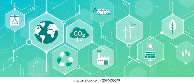 Green technology, environmental care and sustainable development banner with icons