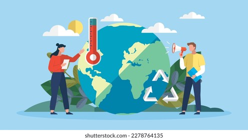 Green technology, environmental care and sustainable development banner with man and woman holding recycling icon. Green recycle symbol. Waste recycling, ecology protection. Zero waste stop pollution