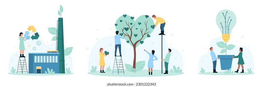 Green technology, environmental innovation set vector illustration. Cartoon tiny people holding recycling sign near eco friendly factory, grow lightbulb plant and tree in heart shape to save ecology