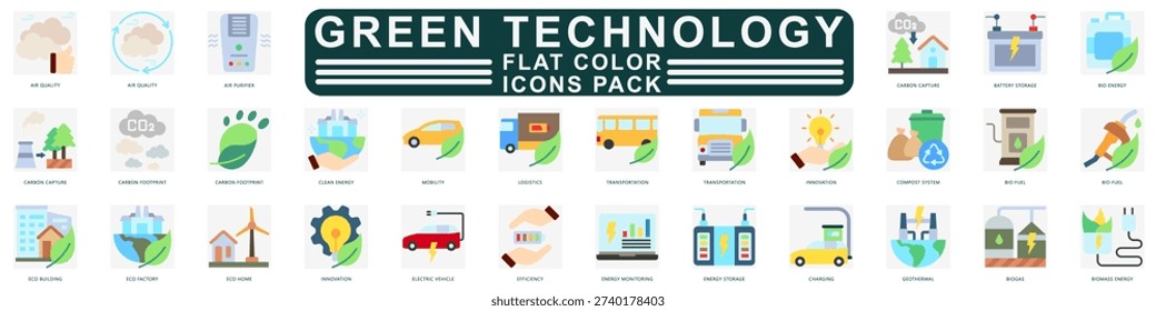 Green Technology Flat color icons set. contain air purifier, battery storage, carbon footprint, recycling, mobility and more. Vector for modern concept, print, UI, UX kit, web and app development.
