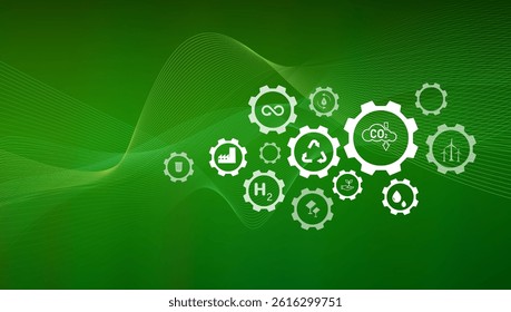 Green Technology Icons and CO2 Reduction Concept on Abstract Green Background | Sustainability, Renewable Energy, and Carbon Neutral Future