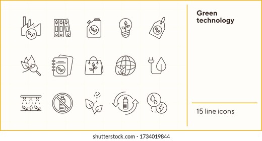 Green technology icons. Set of line icons. Notebook, recycling, taxi. Eco technology concept. Vector illustration can be used for topics like ecology, technology, environment