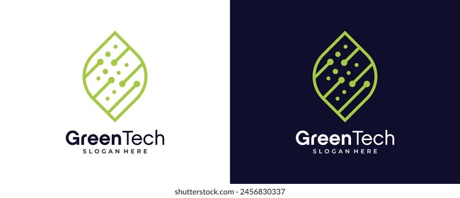 Logotipo de Tecnología verde. Combinación De Hojas Verdes E Iconos De Red De Tecnología