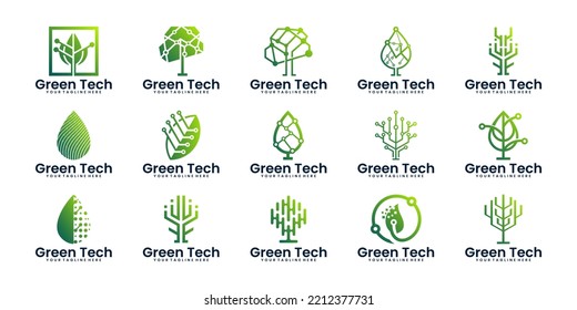 green technology logo design collection, technology leaves, plants, natural technology