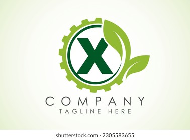 Alfabeto inglés X con equipo y hoja. Logotipo de tecnología ecológica, vector de diseño de la plantilla del logotipo de tecnología ecológica. Industria de la Naturaleza