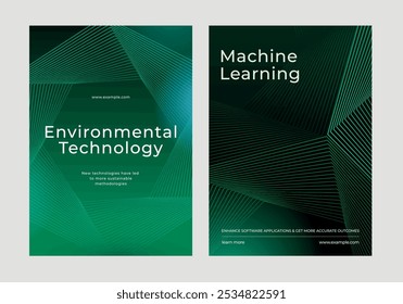Cartazes sobre tecnologia verde e aprendizagem de máquina. Tecnologia ambiental e aprendizado de máquina. Linhas verdes e texto destacam o foco da tecnologia. Tecnologia ambiental, vetor de modelo de cartaz verde.