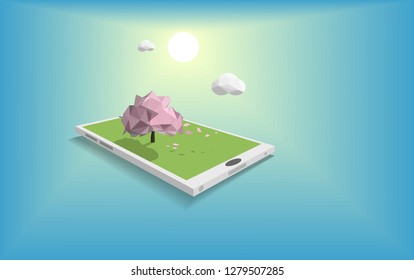 Green technology mobile design vector,natural clean environment renewable energy concept,tree and sun set background,vector art and illustration.