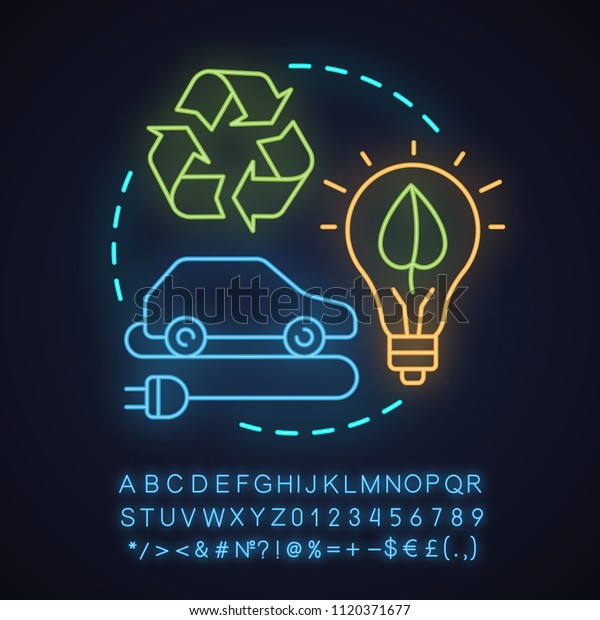 Green technology neon light concept icon.\
Eco friendly transport and alternative energy idea. Environment\
protection. Glowing sign with alphabet, numbers and symbols. Vector\
isolated illustration