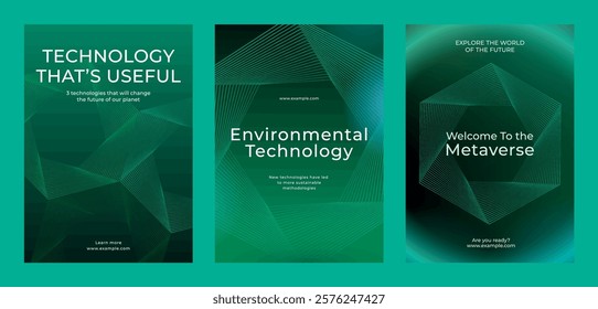 Green technology posters. Themes technology, environmental technology, and the metaverse. Futuristic design with geometric patterns. Environmental technology, green poster template vector set.