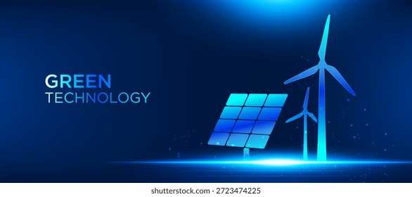Concepto de energía renovable de tecnología verde con turbinas eólicas y paneles solares. Ilustración vectorial moderna de energía limpia para la sostenibilidad, la innovación ecológica y el poder futuro.