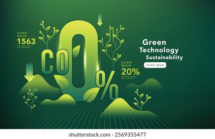Green technology and sustainability concept with CO2 reduction, eco-friendly visuals of leaves, trees, and futuristic graphics.