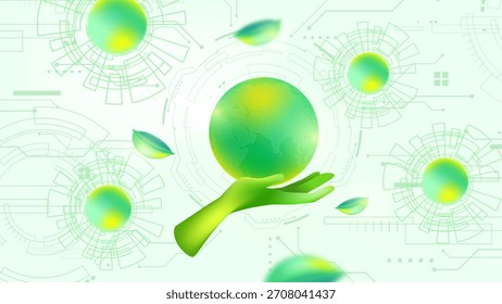 Tecnología verde y concepto de sostenibilidad. Mano que sostiene el globo terráqueo brillante con las hojas en el fondo futurista. PLANTILLA de Anuncio ASG.