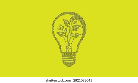 Green technology symbol featuring stylized lightbulb containing growing plant. Concept of environmental conservation and renewable energy power in creative pointillism vector illustration style.
